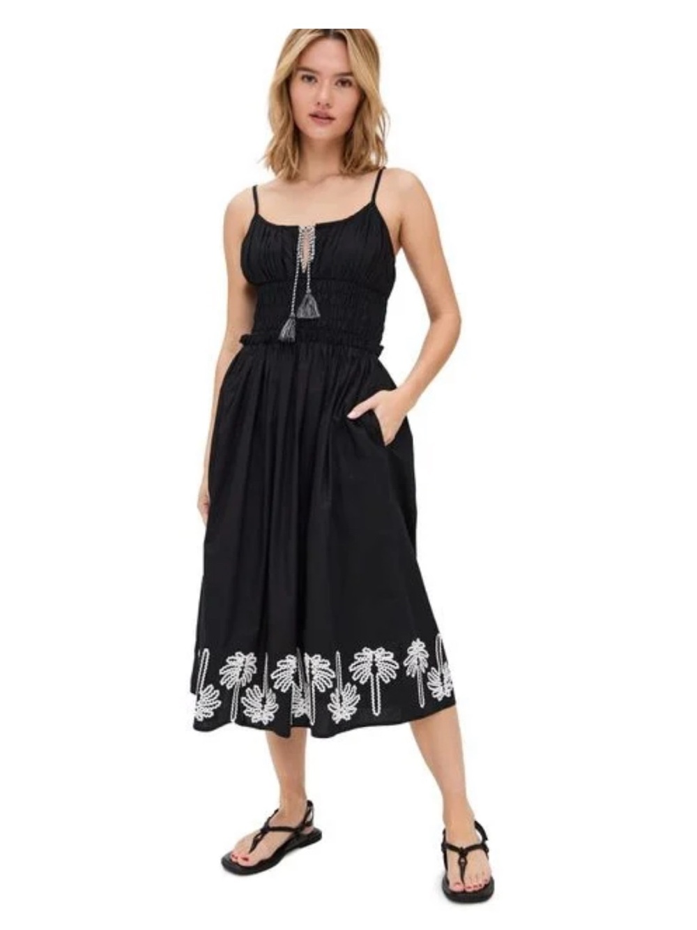 Rails NWT Black Midi Sun Dress with White Palm Embroidery